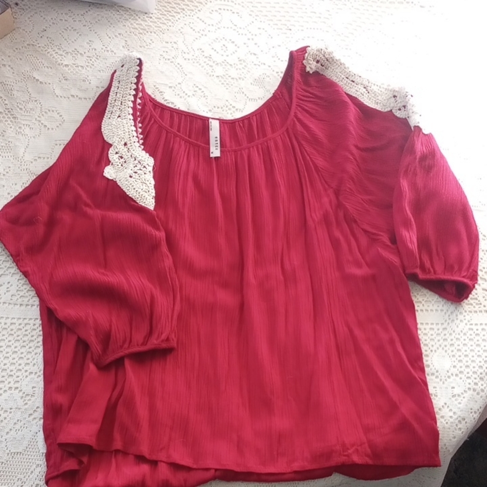 Entro Red Blouse with Lace Accents